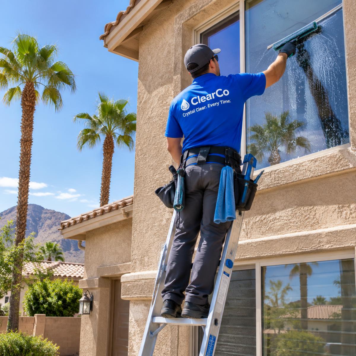 ClearCo technician cleaning second-story windows of an Arizona home in the Phoenix Metro
